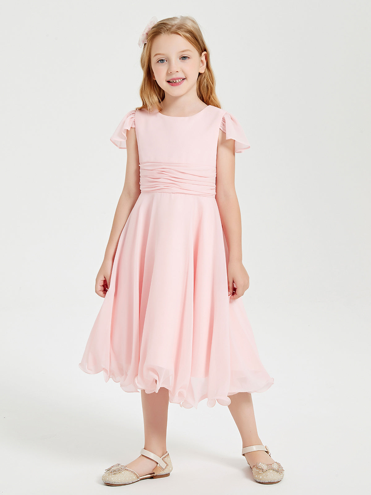 Tea Length Chiffon Junior Bridesmaid Dresses Blushing Pink